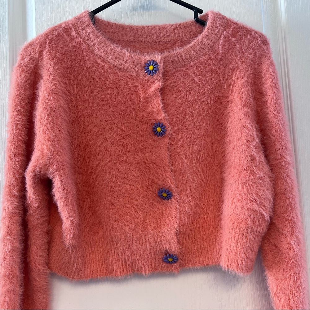 SHEIN Peach Floral Button Fuzzy Cardigan Sweater Women’s S Knit Wimsy Y2K